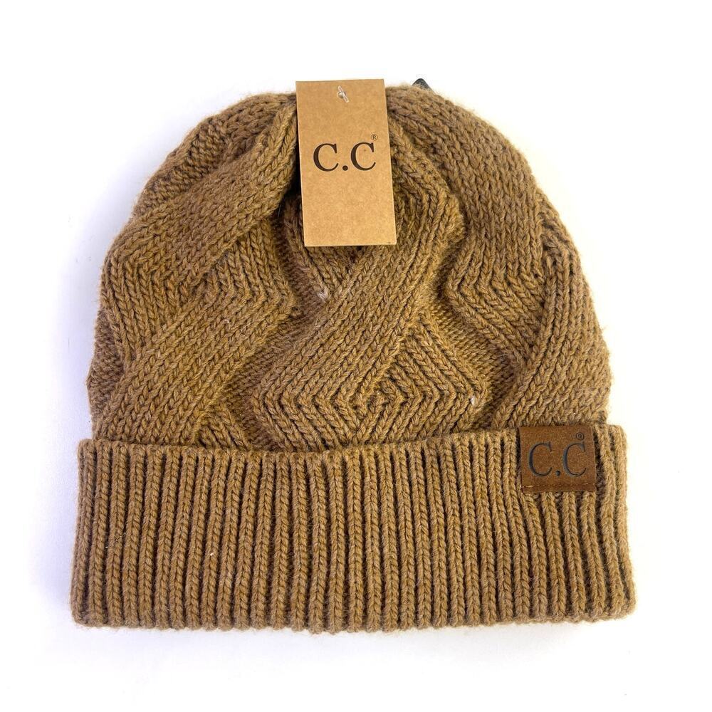 C.C. Caramel Brown Tan Cable Knit Women's Warm Beanie NEW WITH TAGS